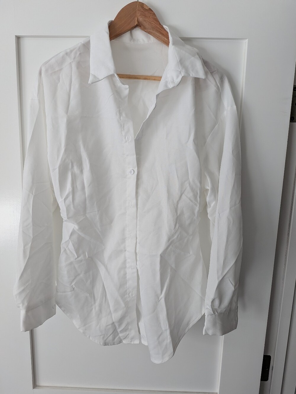 SHEIN Women's s White Long-Sleeve Dress Shirt With Rouching On The Sides